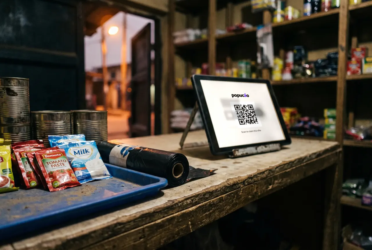 Generated illustration of a product that does not exist yet. A tablet-sized screen standing on a small shop counter, its display out of focus. No such screen is installed anywhere.