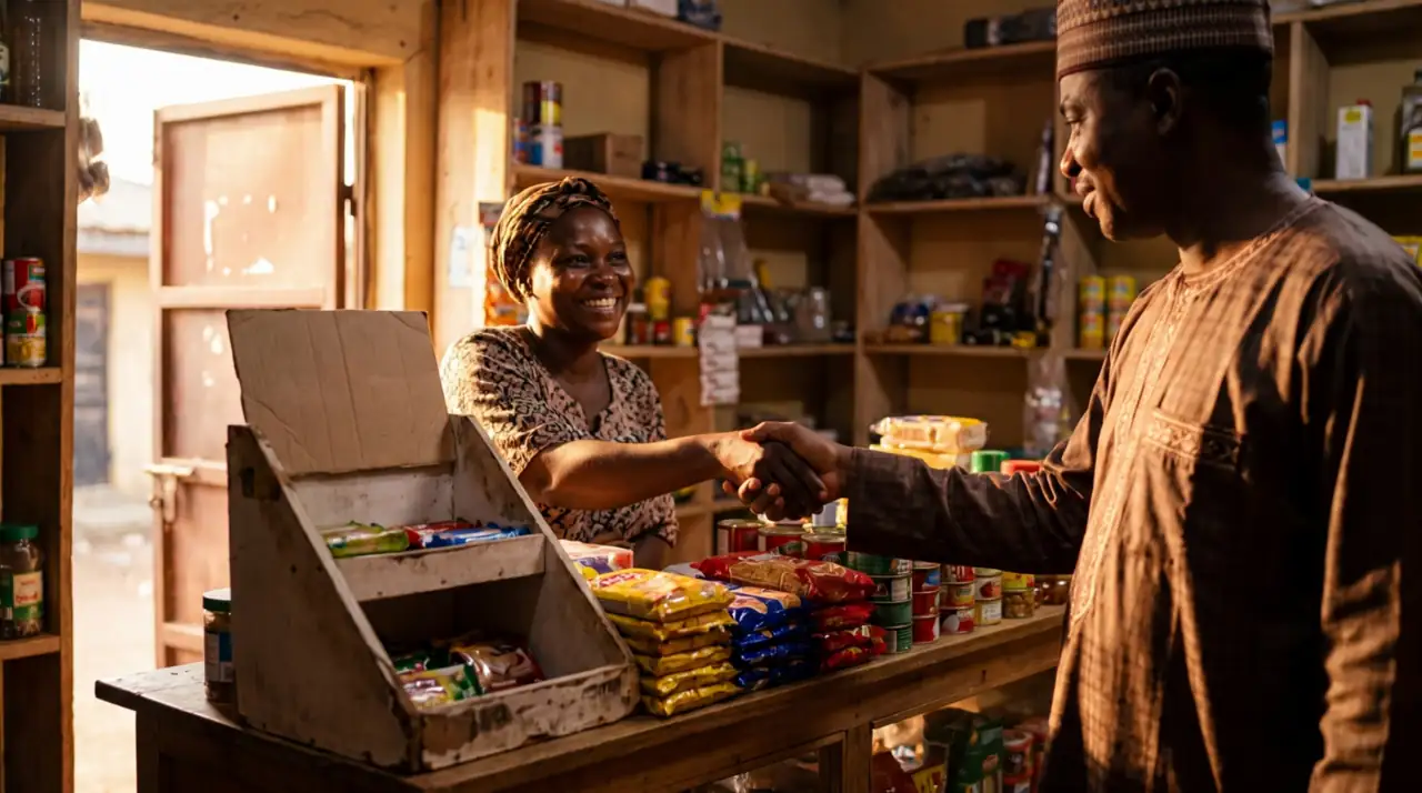 Generated illustration. A shopkeeper shaking hands with a customer across her counter.