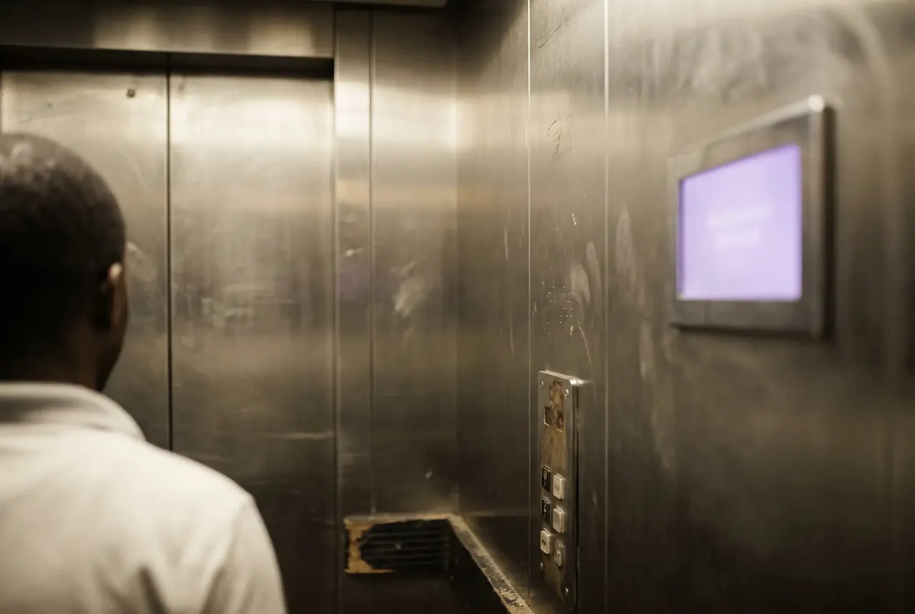 Generated illustration of a product that does not exist yet. A slim display panel inside a lift, its screen out of focus. No such screen is installed anywhere.