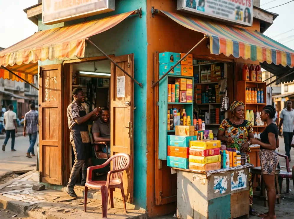 Generated illustration. A barbershop and a hair products store sharing one wall on a Lagos side street. Neither shop is a Popucáo customer.