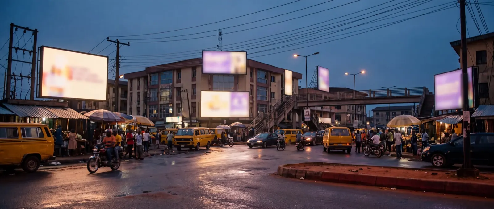 Generated illustration of a product that does not exist yet. A Lagos street junction at dusk with several large digital advertising screens above the traffic. No screens are installed, and no advertiser shown is real.