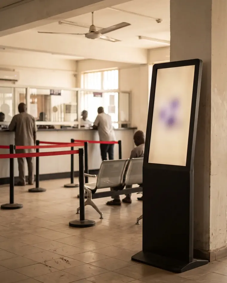 Generated illustration of a product that does not exist yet. A tall floor-standing display in the waiting area of a bank branch, its screen out of focus. No such screen is installed anywhere.